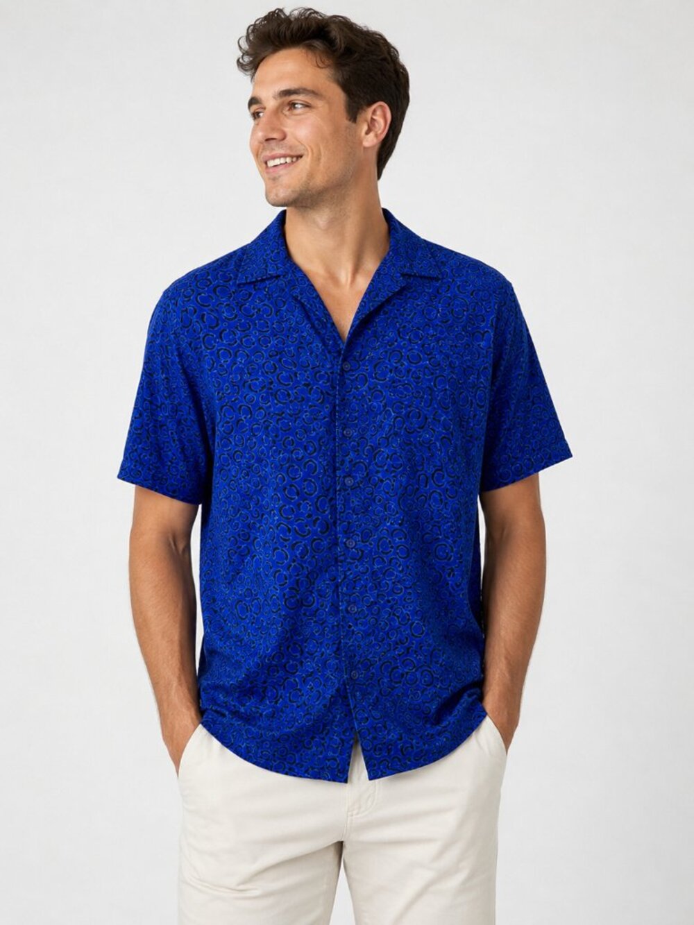 Cabali Blue Abstract Print Button Down Short Sleeve Size XL